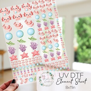 Foglio di elementi UV DTF Axolotl Adventures, crea il tuo, trasferimento, decalcomania, pronto per l'applicazione