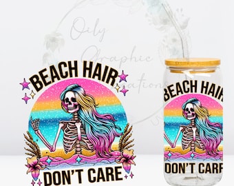 Beach Hair UV DTF 4in Decal, 16oz Glass Can Decal, Glass Cup, Decal, Wrap, Transfer, Ready Apply, Skeleton, Beach, Hair, Colorful, Summer