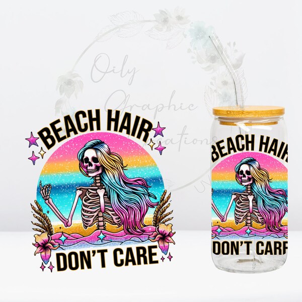 Beach Hair UV DTF Decal, 16oz Glass Can Decal, Glass Cup, Decal, Wrap, Transfer, Ready Apply, Skeleton, Beach, Hair, Colorful, Cute, Summer