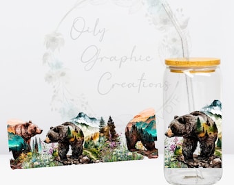 Bear Scenery UV DTF Wrap, 16oz Glass Can Wrap, Glass Cup, Transfer, Wrap, Decal, Ready to Apply, Coffee, Wildlife