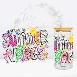 May include: A clear glass tumbler with a bamboo lid and a straw. The tumbler has a colorful graphic design with the words "Summer Vibes" in a patchwork style.
