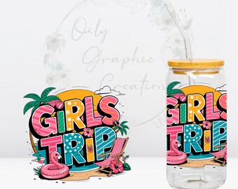 Girl's Trip Beach UV DTF 4in Decal, 16oz Glass Can Decal, Glass Cup, Decal, Wrap, Transfer, Ready to Apply, Vacation