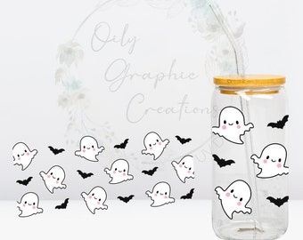 Bat Ghost UV DTF Wrap, 16oz Glass Can Wrap, Glass Cup, Transfer, Wrap, Decal, Ready to Apply, Coffee, Bats, Ghosts, White, Cute, Pattern