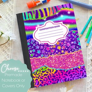 May include: A composition book with a vibrant, colorful design. The cover features a mix of patterns, including stars, leopard print, and glitter, with the words "COMPOSITION BOOK" in a white label. The notebook is black.