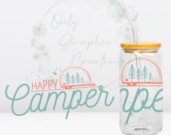 Happy Camper UV-DTF-wrap, 16oz glazen blikverpakking, glazen beker, transfer, wrap, sticker, klaar om aan te brengen, koffie, kamperen