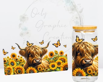 Vinilo adhesivo UV para latas de vidrio de 16 oz con diseño de vacas escocesas y girasoles. Listo para aplicar. Ideal para café, con temática de vacas y flores.