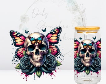 Colorful Butterfly Skull UV DTF Decal, 16oz Glass Can Decal, Glass Cup, Decal, Wrap, Transfer, Ready to Apply, Butterfly, Skeleton, Skull