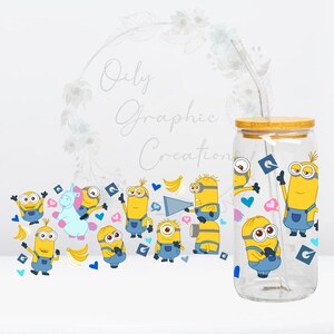 Yellow Guys with Hearts UV DTF Wrap, 16oz Glass Can Wrap, Glass Cup, Transfer, Wrap, Decal, Ready to Apply, Coffee, Cartoon, Bananas
