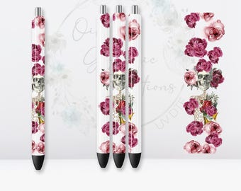 Skeleton Pink Flowers Pen UV DTF Decal, Pen Decal, Pen Wrap, Ball Point Pen, Decal, Wrap, Transfer, Ready to Apply, Floral, Gothic