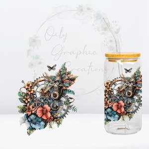 May include: A glass jar with a bamboo lid and a metal straw. The jar has a floral design with gears and clock faces. The flowers are in shades of blue, orange, and pink.