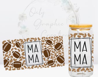 Football Mama Animal Print UV DTF Wrap, 16oz Glass Can Wrap, Glass Cup, Transfer, Wrap, Decal, Ready to Apply, Coffee, Sports, Cute, Mom