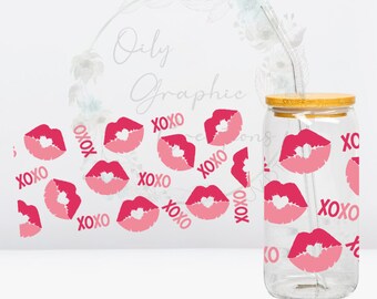 XOXO UV DTF Wrap, 16oz Glass Can Wrap, Glass Cup, Transfer, Wrap, Decal, Ready to Apply, Coffee, Love, Lips, Heart, Pink, Valentine, Love