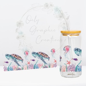 Watercolor Sea Turtles UV DTF Wrap, 16oz Glass Can Wrap, Glass Cup, Transfer, Wrap, Decal, Ready to Apply, Coffee, Ocean
