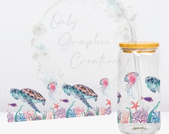 Watercolor Sea Turtles UV DTF Wrap, 16oz Glass Can Wrap, Glass Cup, Transfer, Wrap, Decal, Ready to Apply, Coffee, Ocean
