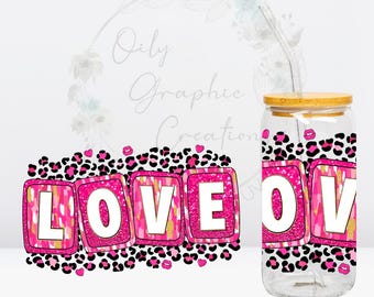 Pink Cheetah Love UV DTF Wrap, 16oz Glass Can Wrap, Glass Cup, Transfer, Wrap, Decal, Ready to Apply, Coffee, Valentine