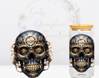 Steampunk Skull UV DTF 4in Decal, 16oz Glass Can Decal, Glass Cup, Decal, Wrap, Transfer, Ready to Apply, Skeleton, Creepy, Spooky