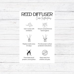 Könnte beinhalten: Pflegehinweise für einen Schilfrohrdiffusor mit Illustrationen. In gut belüfteten Bereichen verwenden, umfassende Händehygiene gewährleisten, die Schilfrohre alle 3-4 Tage austauschen, geeignete Oberflächen-Schutzhinweise geben, brennbare Flüssigkeit vorhanden, Zündung vermeiden, von Kindern und Haustieren fernhalten.