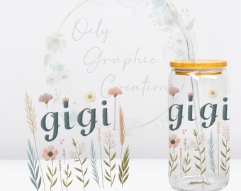 Decalcomania Gigi Embroidery Floral UV DTF da 4 pollici, decalcomania per lattina di vetro da 16 once, tazza di vetro, decalcomania, involucro, trasferimento, pronta da applicare, regalo per la nonna