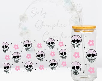 Cute Skulls Flowers UV DTF Wrap, 16oz Glass Can Wrap, Glass Cup, Transfer, Wrap, Decal, Ready to Apply, Coffee, Skeleton, Pink, Hearts