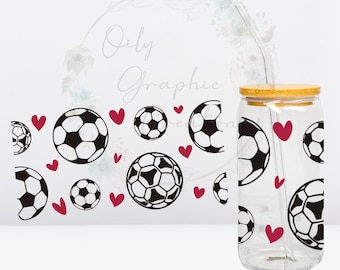 Soccer Hearts UV DTF Wrap, 16oz Glass Can Wrap, Glass Cup, Transfer, Wrap, Decal, Ready to Apply, Coffee, Soccer, Hearts, Sports, Athlete