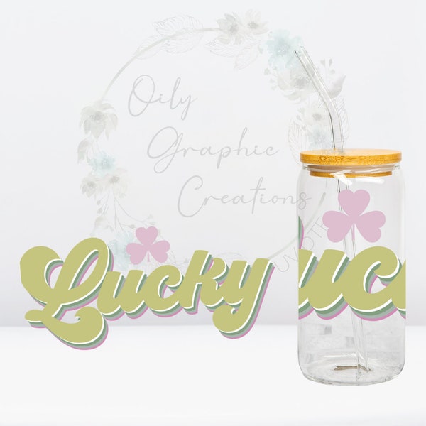 Lucky Clover UV DTF Wrap, 16oz Glass Can Wrap, Glass Cup, Transfer, Wrap, Decal, Ready to Apply, Coffee, Lucky, Pretty, Green, Shamrock