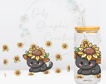 猫とひまわりの帽子UV DTFラップ、16オンスガラス缶ラップ、ガラス