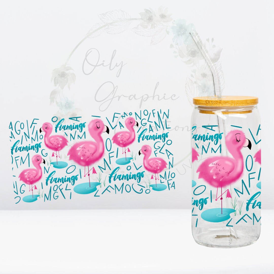 Flamingos UV DTF Wrap, 16oz Glass Can Wrap, Glass Cup, Transfer, Wrap