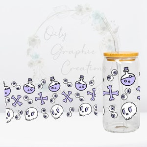 May include: A clear glass tumbler with a bamboo lid and a straw. The tumbler is decorated with a pattern of purple potion bottles, skulls, crossbones, and eyeballs. The pattern is repeated on the bottom of the image.