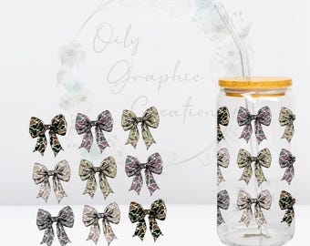 Camo Bows UV DTF 4 in Aufkleber, 16 Unzen Glasdosen Aufkleber, Glasschale, Aufkleber, Wrap, Transfer, bereit zu gelten, Land