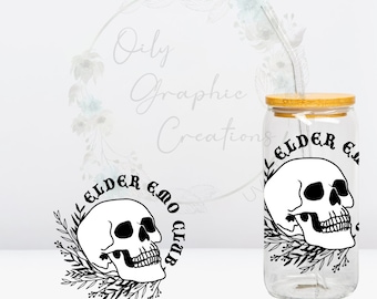 Emo Club UV DTF 4in Decal, 16oz Glass Can Decal, Glass Cup, Decal, Wrap, Transfer, Ready to Apply, Emo, Club, Skull, Flowers, Skeleton, Cute