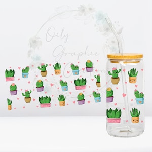 Süße Kaktus UV DTF Wrap, 16 Unzen Glasdosenverpackung, Glastasse, Transfer, Wrap, Aufkleber, bereit zu gelten, Kaffee, süß, Kaktus, Lächeln, glücklich, Pflanze