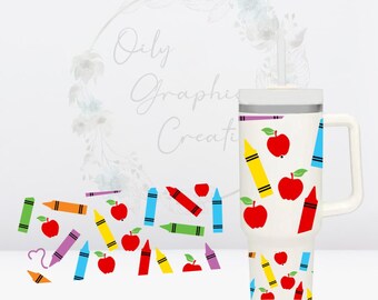 Apples & Crayons UV DTF 40oz Tumbler Wrap, 40oz, Wrap, Tumbler, Decal, Ready, Apply, Coffee, Gift for Teacher