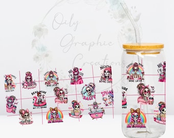 Cute Skeleton Quotes UV DTF Wrap, 16oz Glass Can Wrap, Glass Cup, Transfer, Wrap, Decal, Ready to Apply, Coffee, Funny, Summer, Pink, Fun