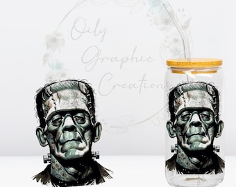 Frankenstein UV DTF 4-inch sticker, 16oz glazen blikje sticker, glazen beker, sticker, wrap, transfer, klaar om aan te brengen, horror, spookachtig, halloween, film