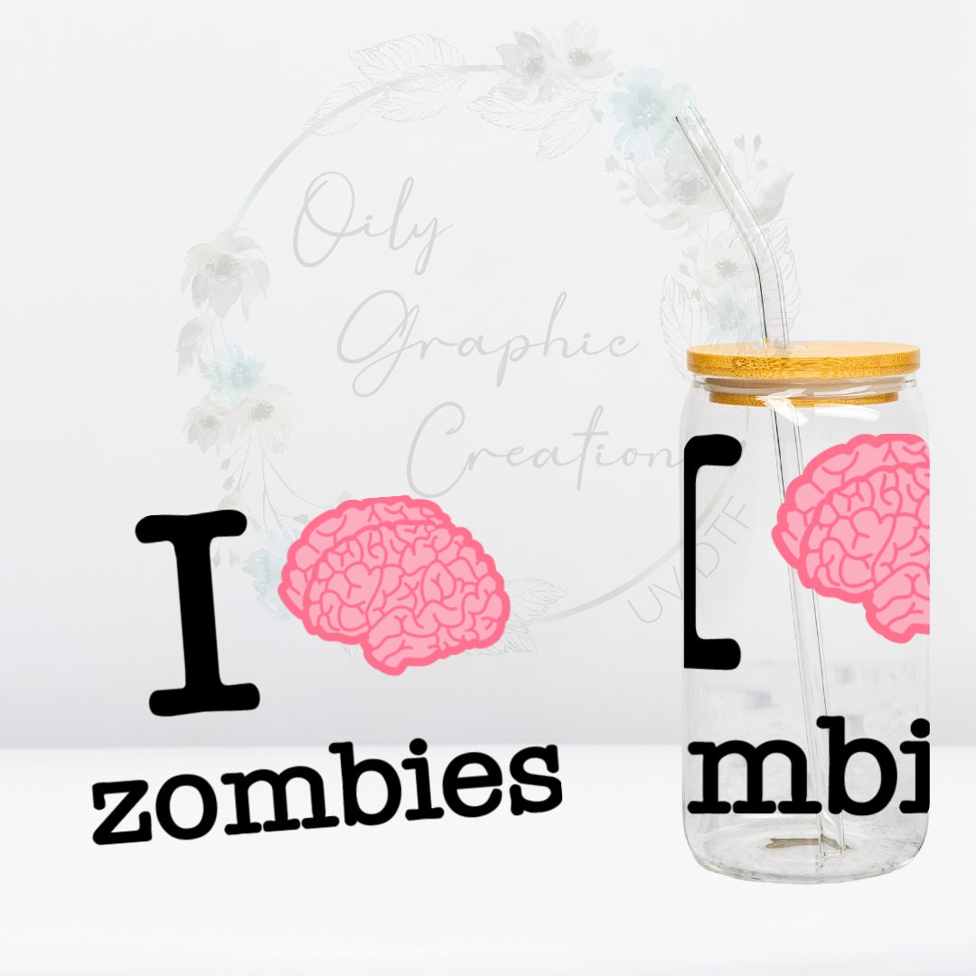 Brain Zombies UV DTF 4in Decal, 16oz Glass Can Decal, Glass Cup, Decal ...