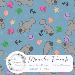 May include: A seamless pattern with gray manatees, starfish, seashells, seaweed, and anchors on a light blue backdrop. The words "Manatee Friends" are displayed in a handwritten font. The pattern is hand-drawn and suitable for various applications.