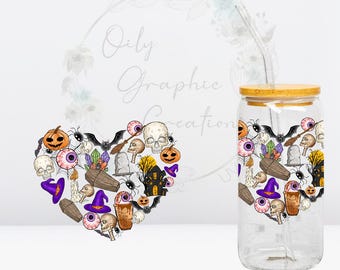 Collage de corazón de Halloween, calcomanía UV DTF de 4 pulgadas, calcomanía para lata de vidrio de 16 oz, vaso de vidrio, calcomanía, envoltura, transferencia, lista para aplicar, espeluznante