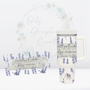May include: A white tumbler with a handle, featuring a lavender floral design and the text "Dearest gentle reader, did you miss me?" and "Lady Whistledown." The tumbler has a white lid and a silver band.