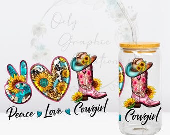 Vinilo adhesivo UV Peace Love Cowgirl para latas de vidrio de 473 ml (16 oz), vasos de vidrio, calcomanías listas para aplicar, café, estilo campestre