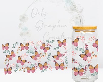 Mixed Flowers Butterflies UV DTF Wrap, 16oz Glass Can Wrap, Glass Cup, Transfer, Wrap, Decal, Ready Apply, Coffee, Butterfly, Flower, Cute