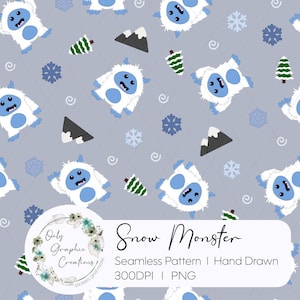 Snow Monster Hand Drawn Seamless Pattern File, Digital Download, Images, Sublimation, Repeat Pattern, PNG, Abominable Snowman
