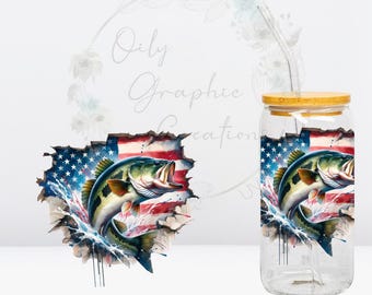 Bass Flag UV DTF 4in Decal, 16oz Glass Can Decal, Glass Cup, Decal, Wrap, Transfer, Ready to Apply, Fishing