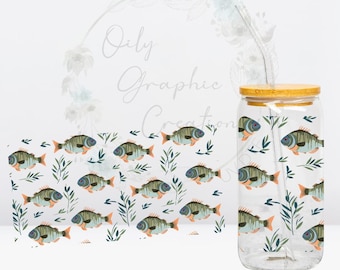 Fish & Leaves UV DTF Wrap, 16oz Glass Can Wrap, Glass Cup, Transfer, Wrap, Decal, Ready to Apply, Coffee, Gift for Dad