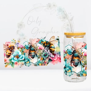 Bees and Flowers UV DTF Wrap, 16oz Glass Can Wrap, Glass Cup, Transfer, Wrap, Decal, Ready to Apply, Coffee, Bees, Bee, Flower, Flowers