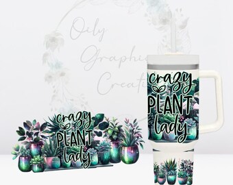 May include: A white tumbler with a black and green design featuring the text "crazy plant lady". The tumbler has a white lid and a white handle. The design also includes a variety of green plants in pots.