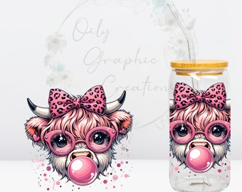 Calcomanía UV DTF de 4 pulgadas con diseño de chicle de vaca, ideal para latas de vidrio de 16 oz, vasos, tazas y vasos. Diseño: vaca, chicle, chicle, vaca, rosa, lazo, estilo Highland.