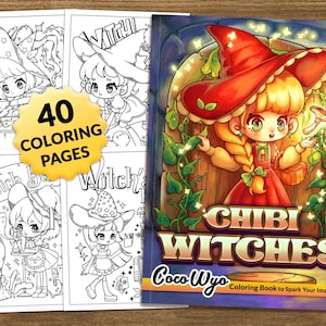 Könnte beinhalten: Ein Malbuchcover mit einer niedlichen Comic-Hexe mit blonden Haaren und einem roten Hut. Das Buch trägt den Titel "Chibi Witches" und den Namen der Autorin "Coco Wyo" unter dem Titel. Das Buchcover enthält auch den Text "Malbuch, um deine Fantasie anzuregen".