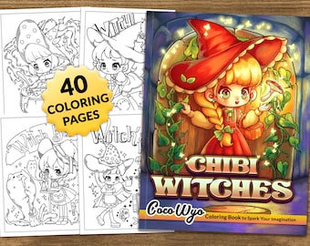 May include: A coloring book cover featuring a cute cartoon witch with blonde hair and a red hat. The book is titled "Chibi Witches" and has the author's name "Coco Wyo" printed below the title. The book cover also includes the text "Coloring Book to Spark Your Imagination".