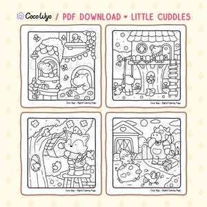 May include: Four black and white coloring pages featuring cute animal characters. The first page shows a mouse and a hippopotamus in a treehouse. The second page shows a mouse and a bear in a treehouse. The third page shows a fox on a swing. The fourth page shows a cow, a pig, and a chicken in a barn.