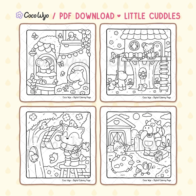 May include: Four black and white coloring pages featuring cute animal characters. The first page shows a mouse and a hippopotamus in a treehouse. The second page shows a mouse and a bear in a treehouse. The third page shows a fox on a swing. The fourth page shows a cow, a pig, and a chicken in a barn.